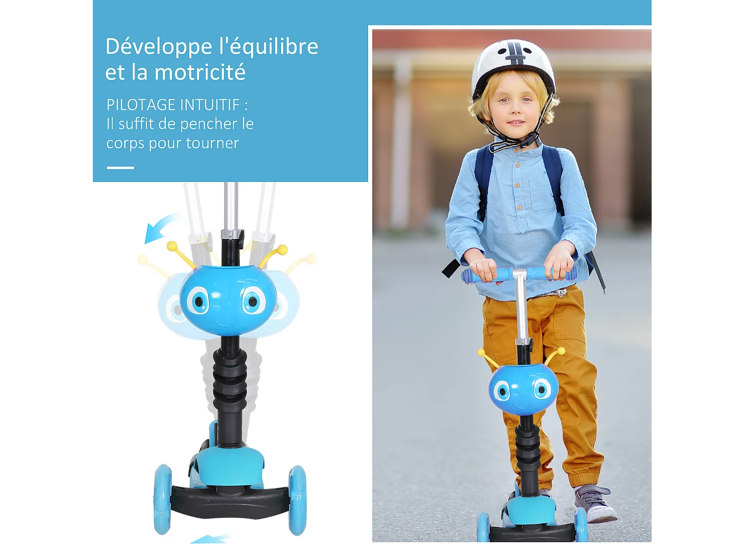 Trottinette pour enfants trottinette 3 roues évolutive 3 en 1 hauteur guidon réglable canne telescopique selle dossier amovible bleu