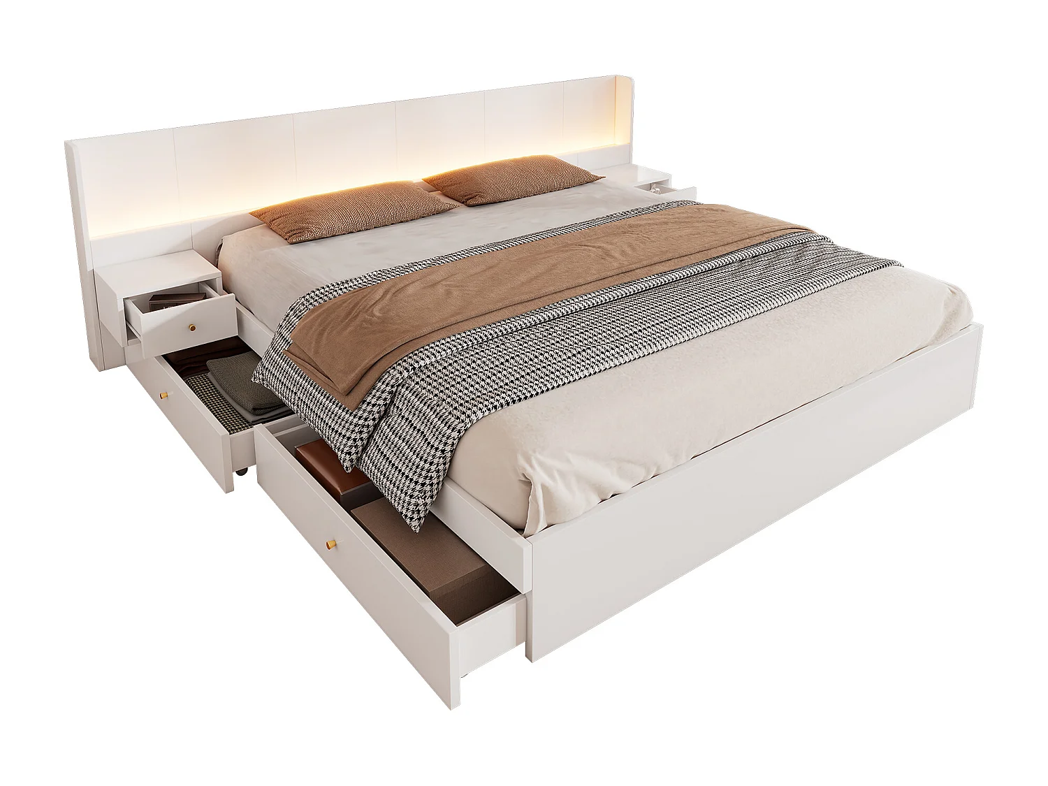 Łóżko dwuosobowe z pojemnikiem 180x200cm z drewna - z gniazdami USB i LED - 2 stoliki nocne i 2 szuflady - Białe