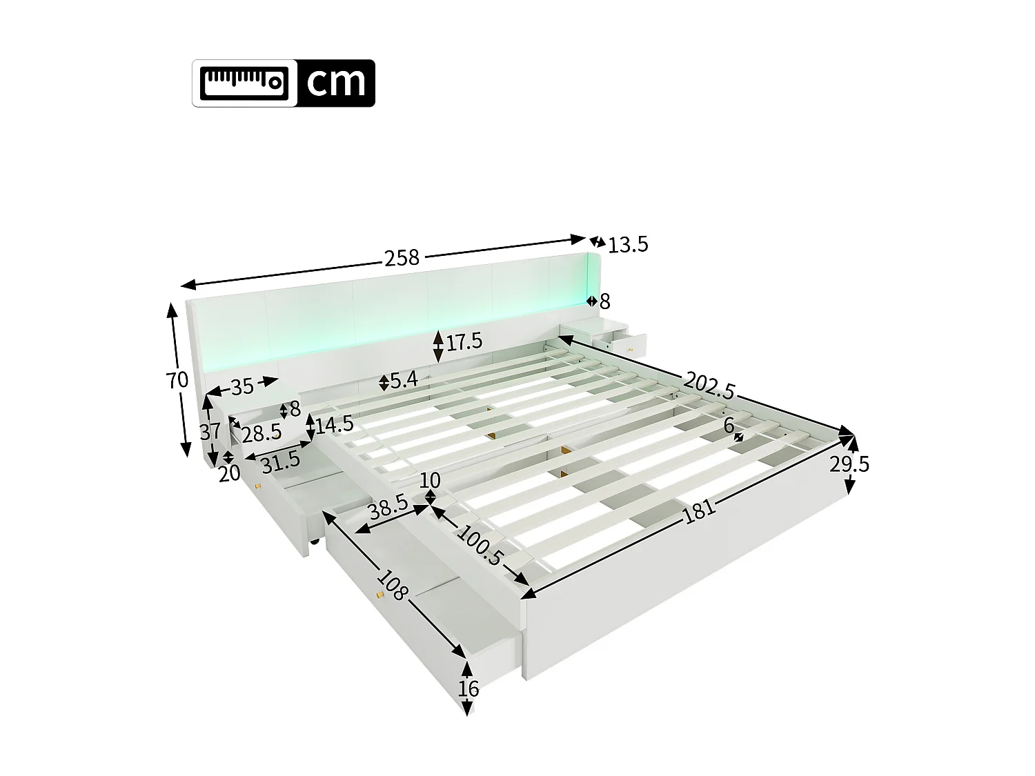 Łóżko dwuosobowe z pojemnikiem 180x200cm z drewna - z gniazdami USB i LED - 2 stoliki nocne i 2 szuflady - Białe