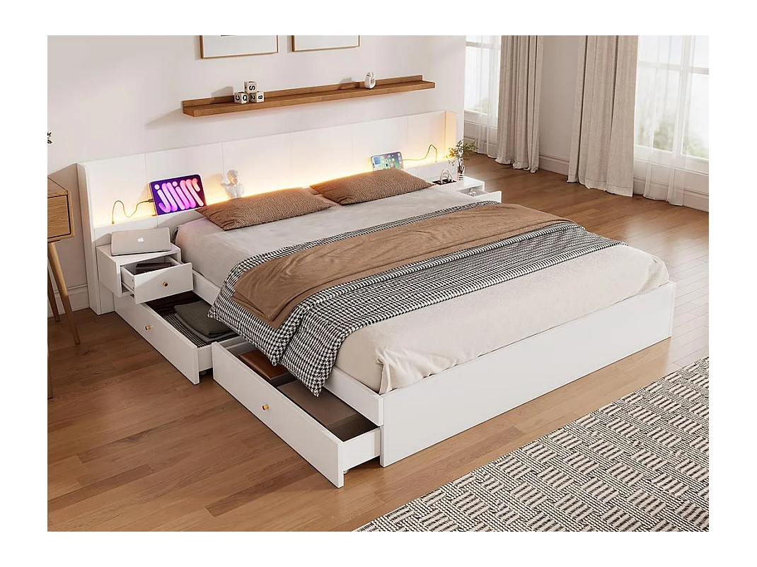 Opbergbed voor volwassenen 180x200cm in hout - met USB- en LED-aansluitingen - 2 nachtkastjes en 2 laden - Wit