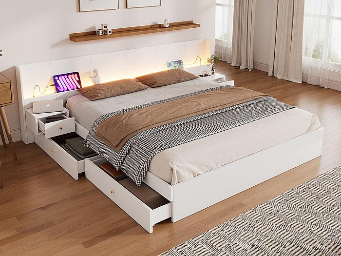 Letto contenitore per adulti 180x200 cm in legno - con prese USB e LED ...