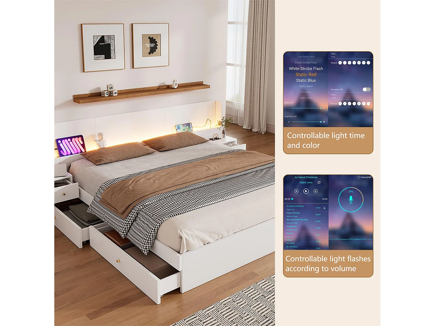 Bett mit Stauraum für Erwachsene, 180 x 200 cm, aus Holz – mit USB- und LED-Anschlüssen – 2 Nachttische und 2 Schubladen – Weiß