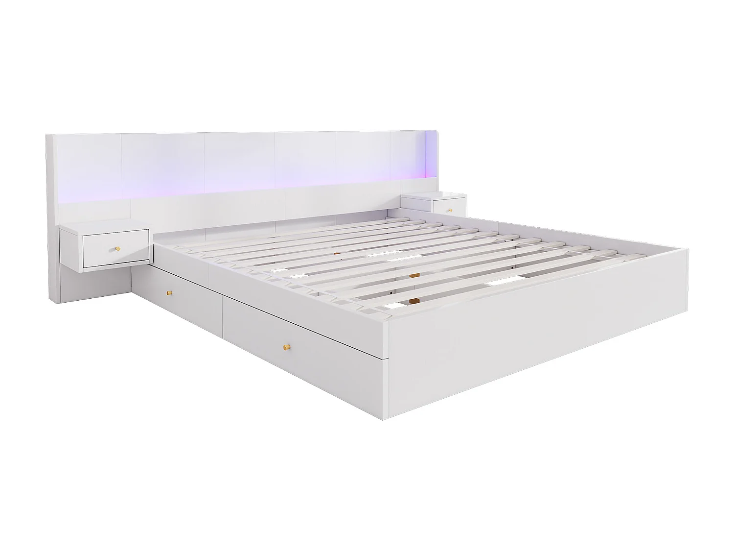 Bett mit Stauraum für Erwachsene, 180 x 200 cm, aus Holz – mit USB- und LED-Anschlüssen – 2 Nachttische und 2 Schubladen – Weiß