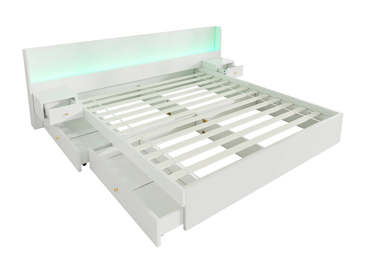 Bett mit Stauraum für Erwachsene, 180 x 200 cm, aus Holz – mit USB- und LED-Anschlüssen – 2 Nachttische und 2 Schubladen – Weiß