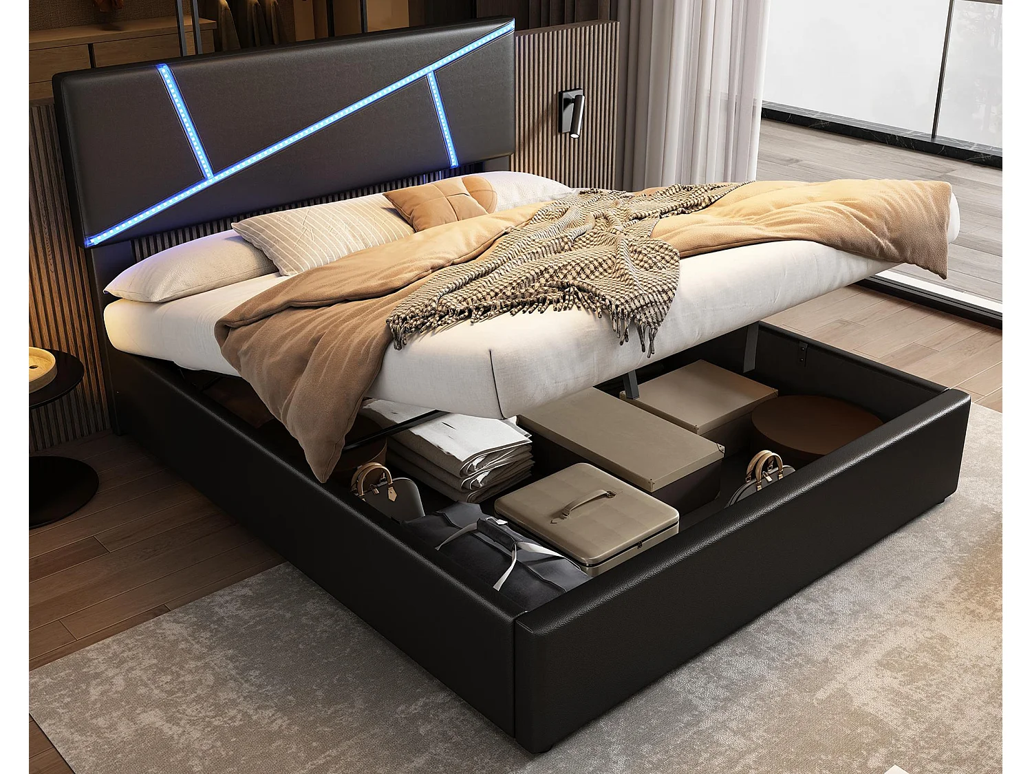 Letto contenitore 90x200 cm in similpelle - con LED e rete a doghe - Nero