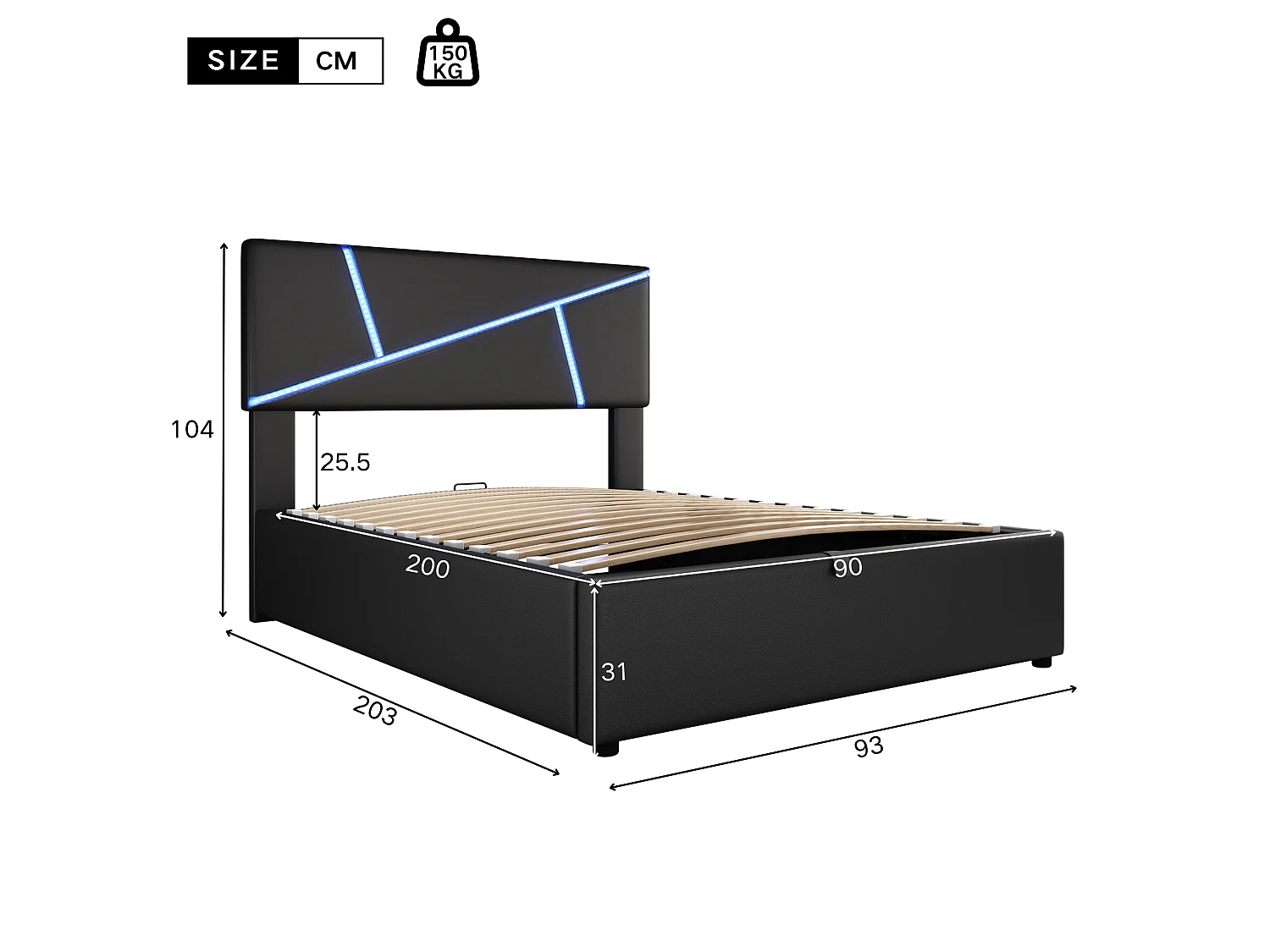 Letto contenitore 90x200 cm in similpelle - con LED e rete a doghe - Nero
