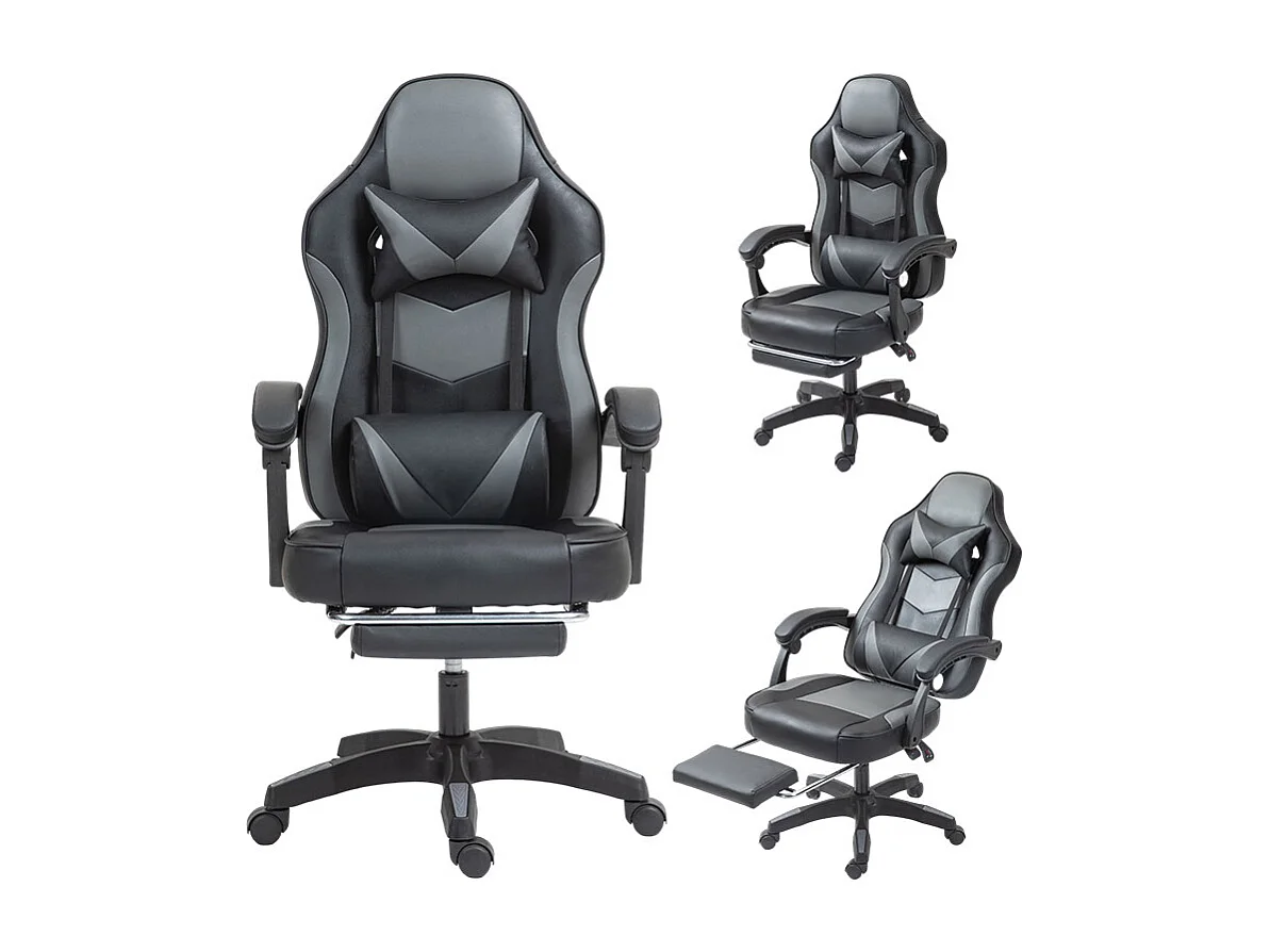 Fauteuil de gaming réglable avec repose-pied, coussin de tête et coussin lombaire - noir et gris
