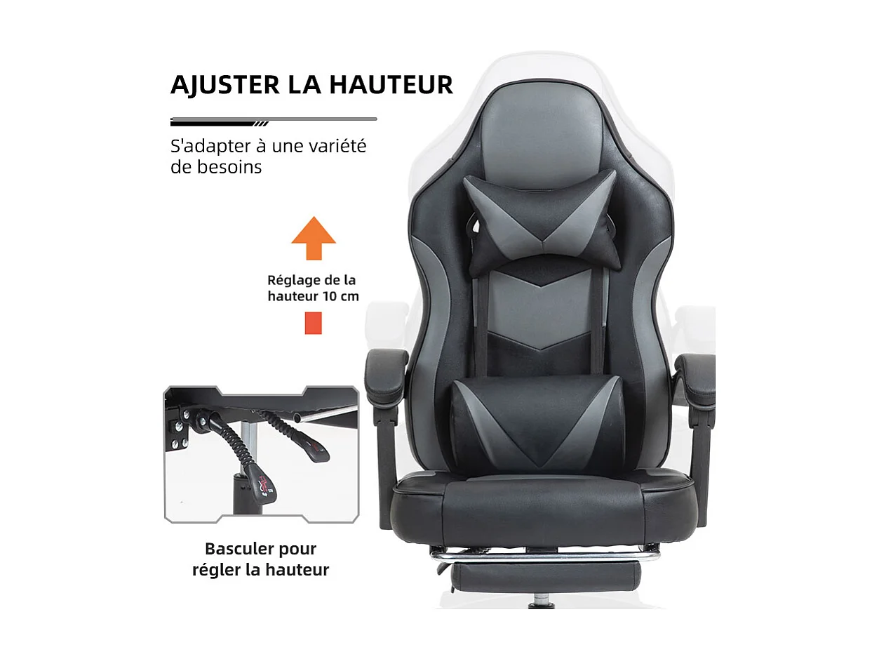 Fauteuil de gaming réglable avec repose-pied, coussin de tête et coussin lombaire - noir et gris