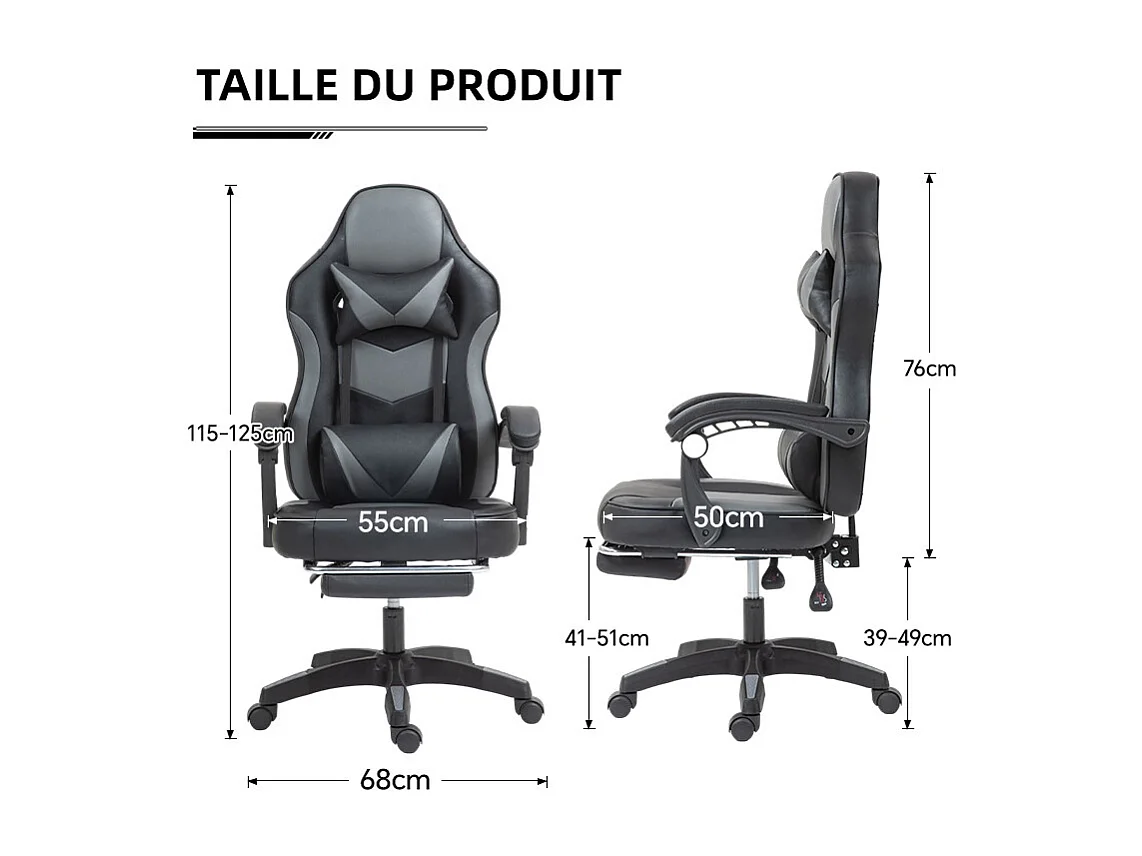 Fauteuil de gaming réglable avec repose-pied, coussin de tête et coussin lombaire - noir et gris