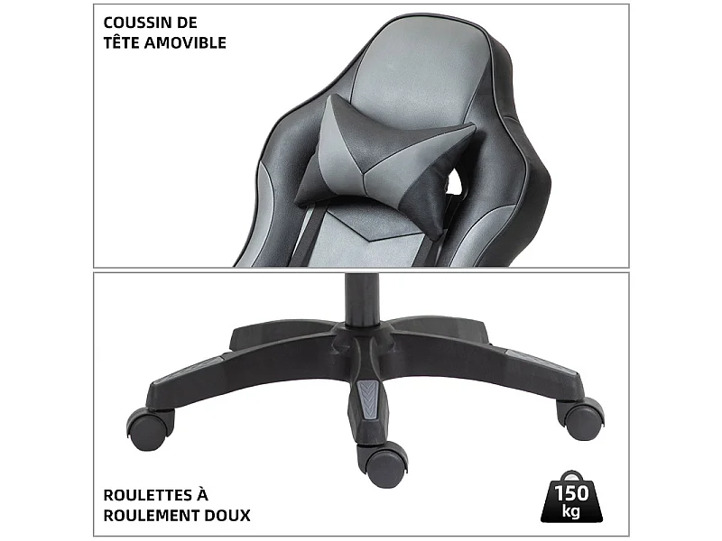 Fauteuil de gaming réglable avec repose-pied, coussin de tête et coussin lombaire - noir et gris