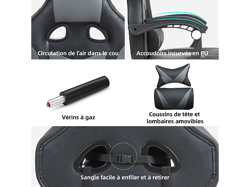 Fauteuil de gaming réglable avec repose-pied, coussin de tête et coussin lombaire - noir et gris