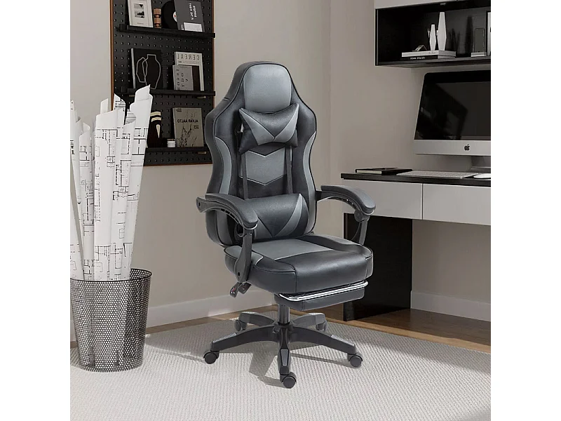 Fauteuil de gaming réglable avec repose-pied, coussin de tête et coussin lombaire - noir et gris