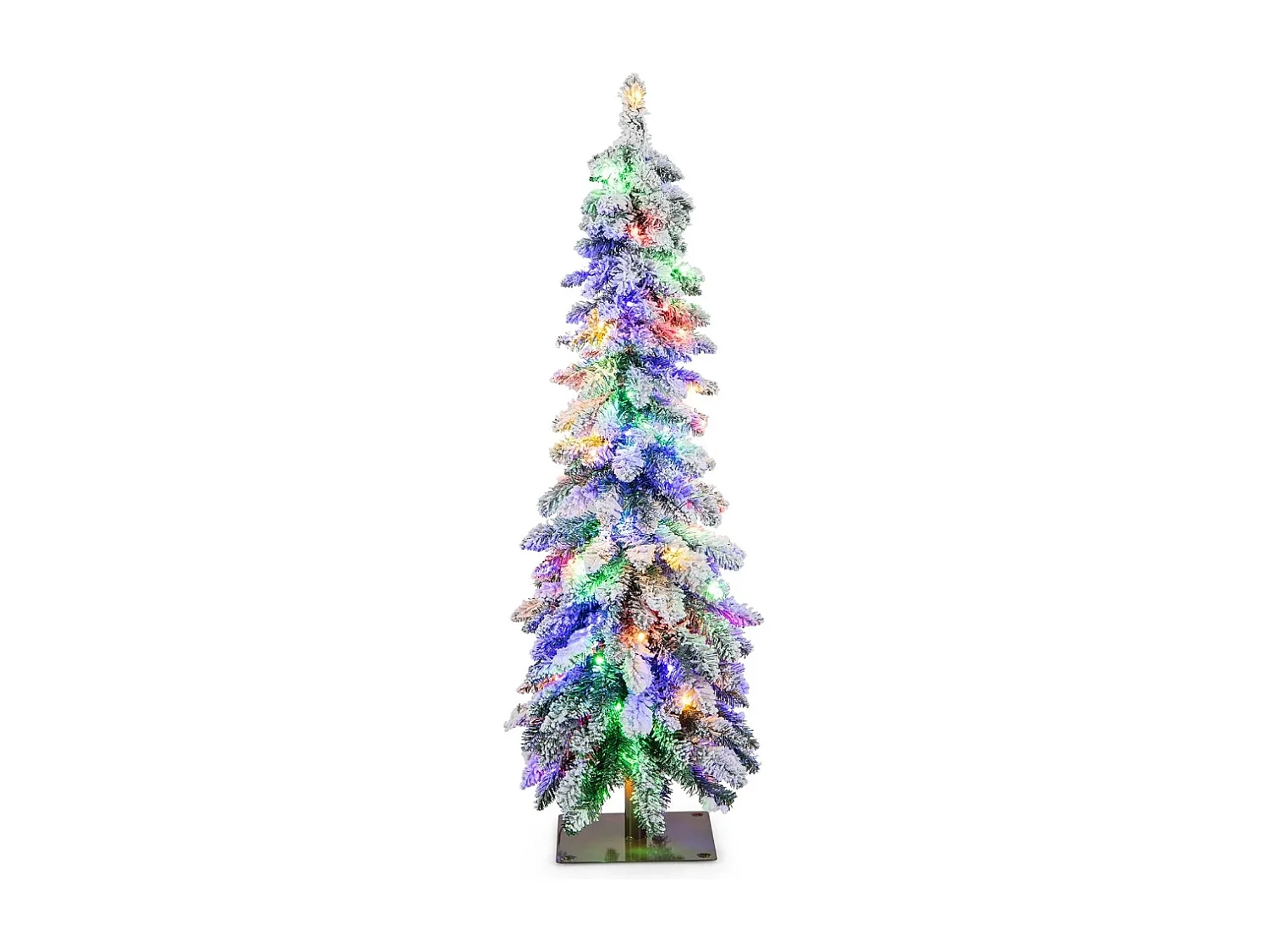 Sapin de Noël Artificiel 120 cm, Fin et Floqué de Neige, 225 Pointes de Branches en PVC, 100 Lumières LED, 2 Couleurs et 11 Modes d'Éclairage, Minuterie, Décoration de Noël, 1 Paire de Gants