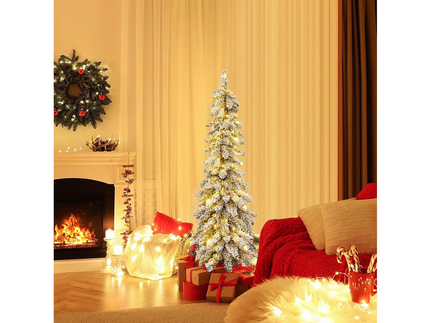 Sapin de Noël Artificiel 120 cm, Fin et Floqué de Neige, 225 Pointes de Branches en PVC, 100 Lumières LED, 2 Couleurs et 11 Modes d'Éclairage, Minuterie, Décoration de Noël, 1 Paire de Gants