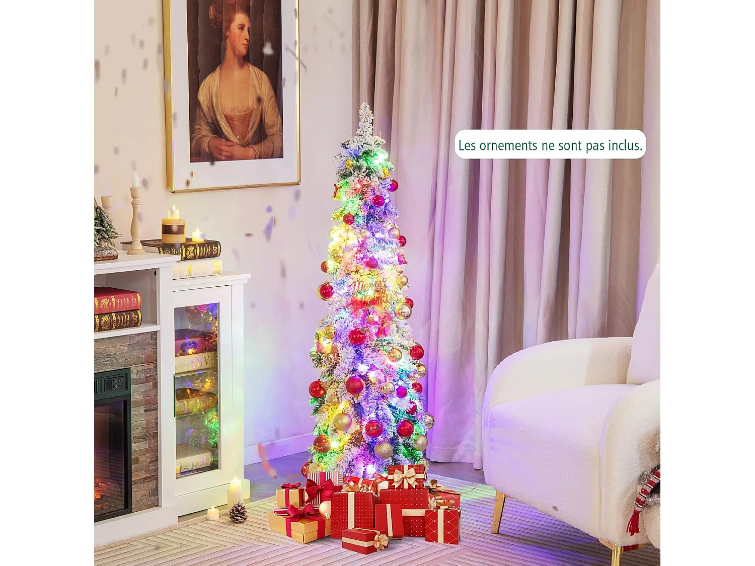 Sapin de Noël Artificiel 120 cm, Fin et Floqué de Neige, 225 Pointes de Branches en PVC, 100 Lumières LED, 2 Couleurs et 11 Modes d'Éclairage, Minuterie, Décoration de Noël, 1 Paire de Gants