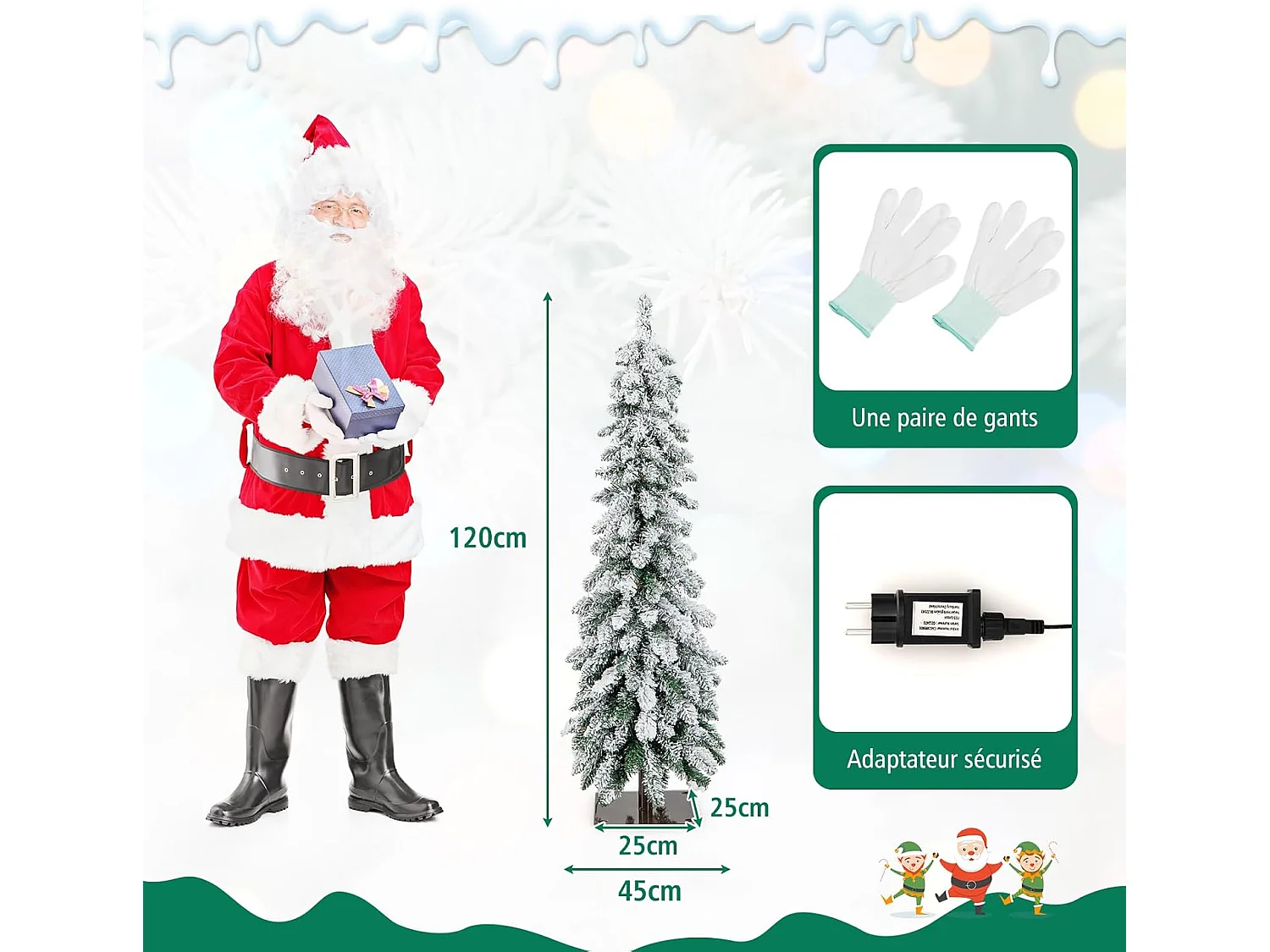 Sapin de Noël Artificiel 120 cm, Fin et Floqué de Neige, 225 Pointes de Branches en PVC, 100 Lumières LED, 2 Couleurs et 11 Modes d'Éclairage, Minuterie, Décoration de Noël, 1 Paire de Gants