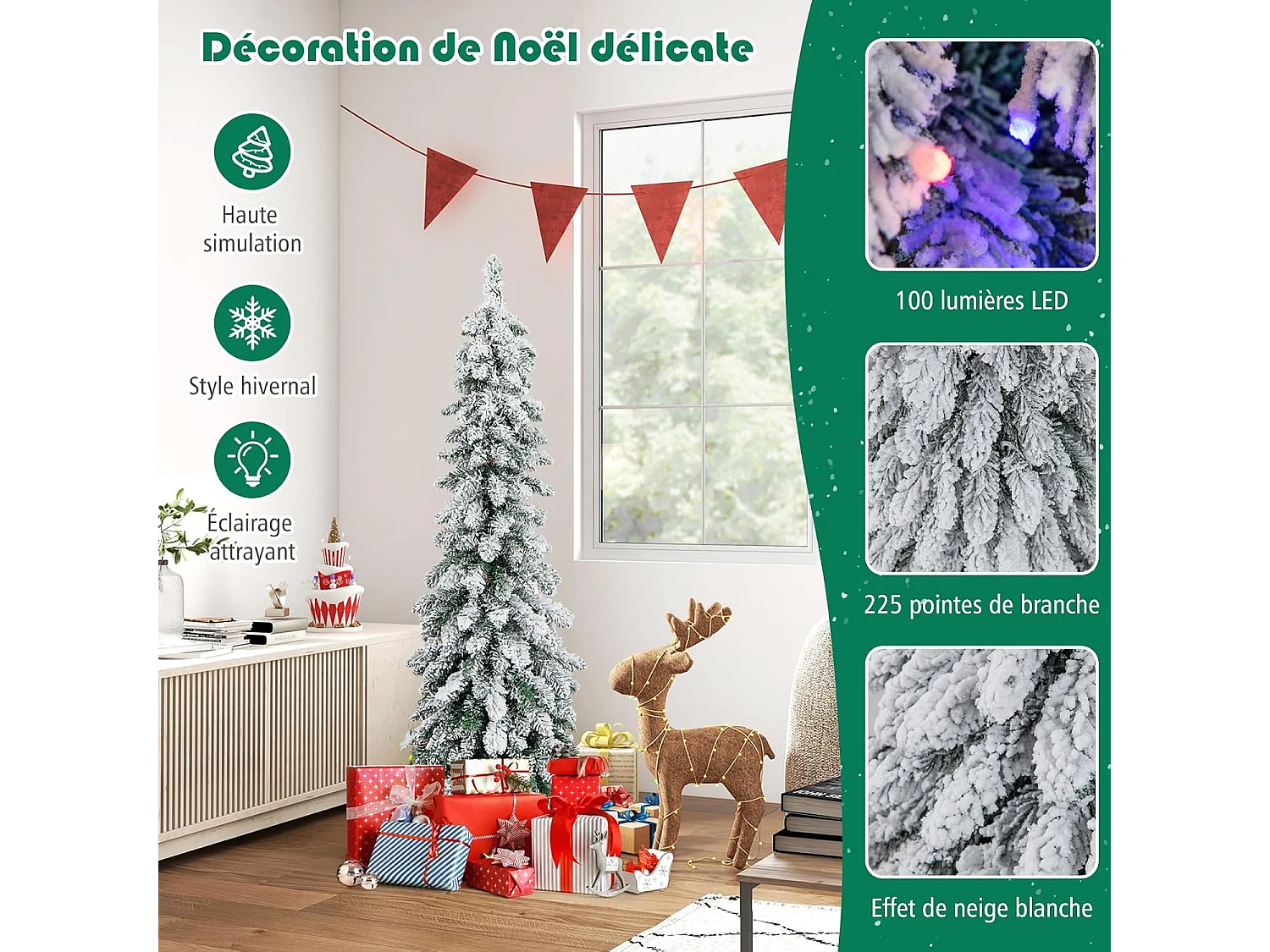 Sapin de Noël Artificiel 120 cm, Fin et Floqué de Neige, 225 Pointes de Branches en PVC, 100 Lumières LED, 2 Couleurs et 11 Modes d'Éclairage, Minuterie, Décoration de Noël, 1 Paire de Gants