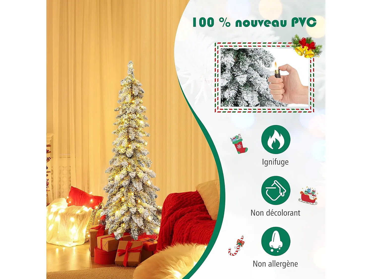 Sapin de Noël Artificiel 120 cm, Fin et Floqué de Neige, 225 Pointes de Branches en PVC, 100 Lumières LED, 2 Couleurs et 11 Modes d'Éclairage, Minuterie, Décoration de Noël, 1 Paire de Gants
