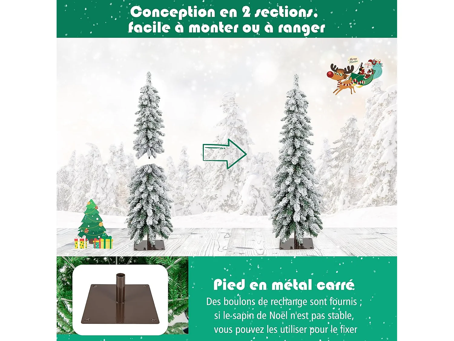 Sapin de Noël Artificiel 120 cm, Fin et Floqué de Neige, 225 Pointes de Branches en PVC, 100 Lumières LED, 2 Couleurs et 11 Modes d'Éclairage, Minuterie, Décoration de Noël, 1 Paire de Gants