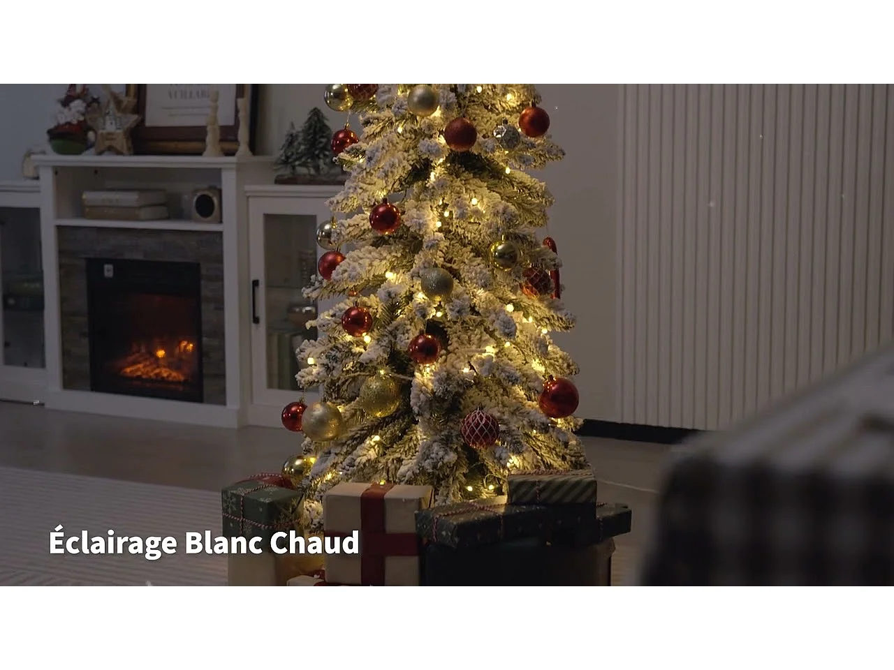 Sapin de Noël Artificiel 120 cm, Fin et Floqué de Neige, 225 Pointes de Branches en PVC, 100 Lumières LED, 2 Couleurs et 11 Modes d'Éclairage, Minuterie, Décoration de Noël, 1 Paire de Gants