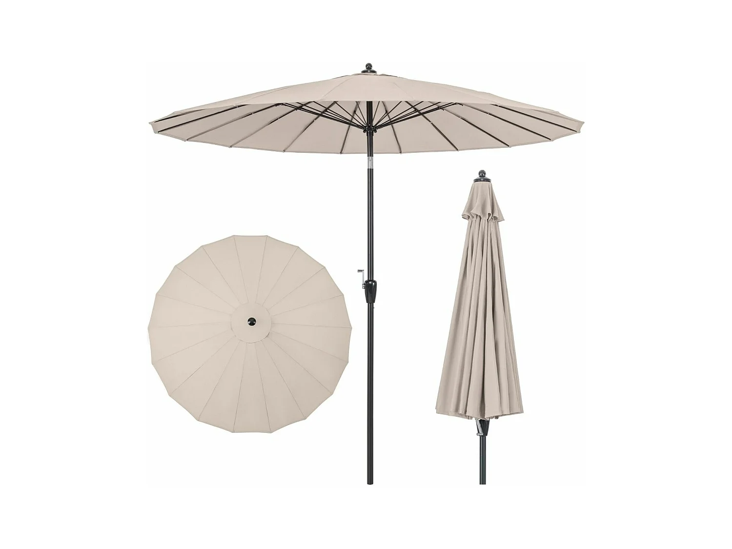 Parasol de Jardin Rond Ø 265CM, Parasol avec 18 Baleines en Fibre de Verre avec Manivelle et Mécanisme d'Inclinaison, Parasol de Terrasse avec Toile Résistante et Poteau en Aluminium(Beige)