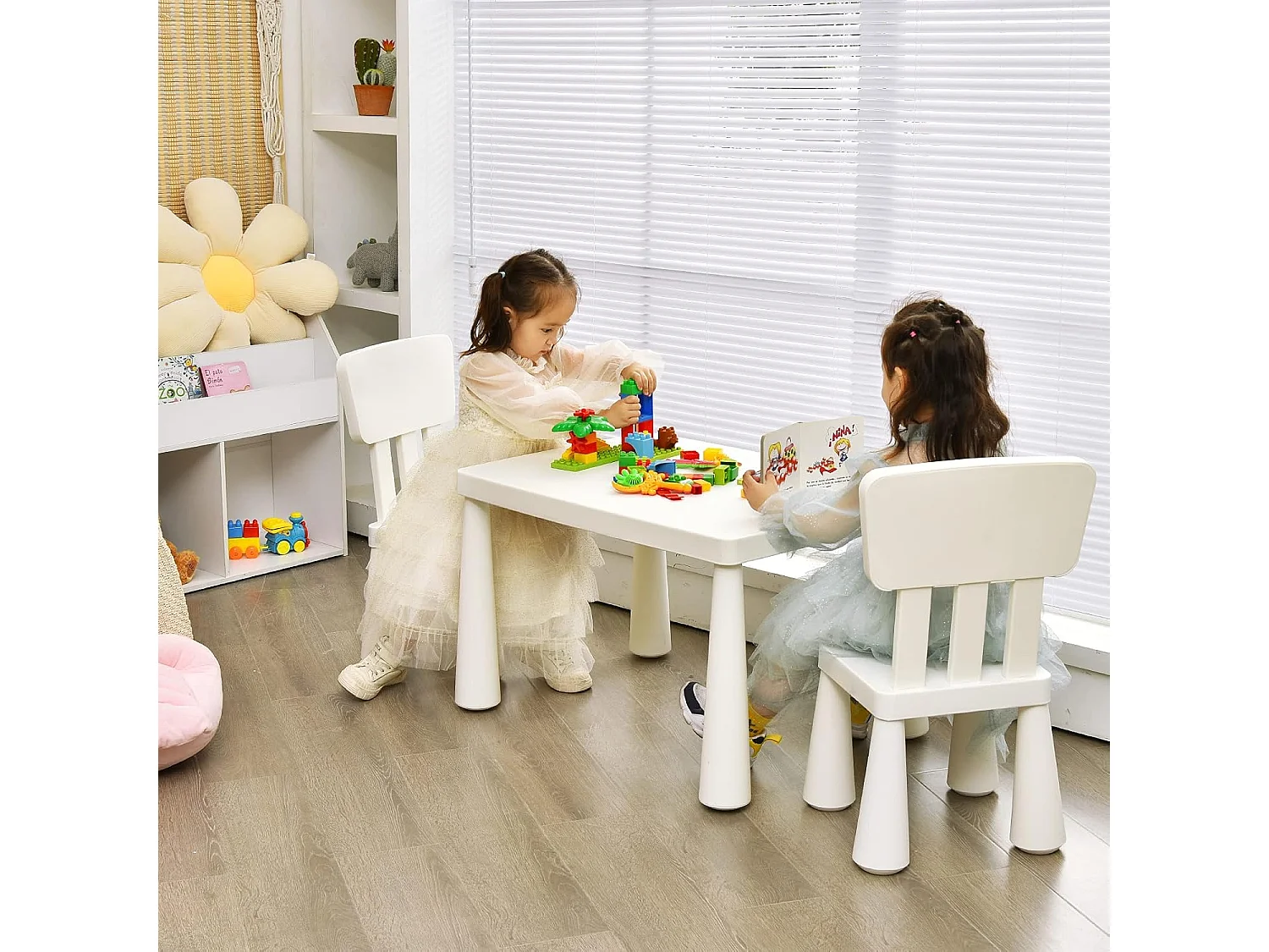 Table et Chaises Enfants 1-7 Ans avec Dossier, Charge 50kg, 76,5x54,5x49,5cm, Table Polyvalente avec Structure Stable, Hauteur Scientifique pour Manger Dessiner Écrire, Charge 50kg, Blanc