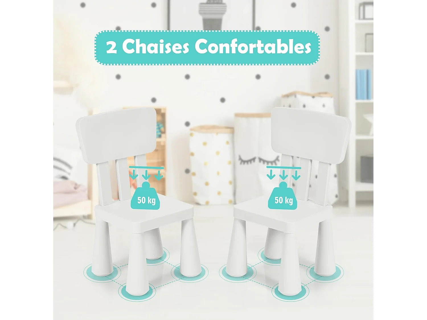 Table et Chaises Enfants 1-7 Ans avec Dossier, Charge 50kg, 76,5x54,5x49,5cm, Table Polyvalente avec Structure Stable, Hauteur Scientifique pour Manger Dessiner Écrire, Charge 50kg, Blanc