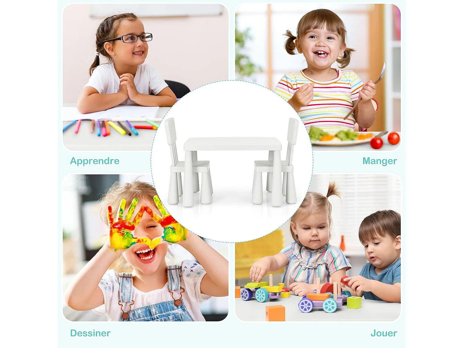 Table et Chaises Enfants 1-7 Ans avec Dossier, Charge 50kg, 76,5x54,5x49,5cm, Table Polyvalente avec Structure Stable, Hauteur Scientifique pour Manger Dessiner Écrire, Charge 50kg, Blanc