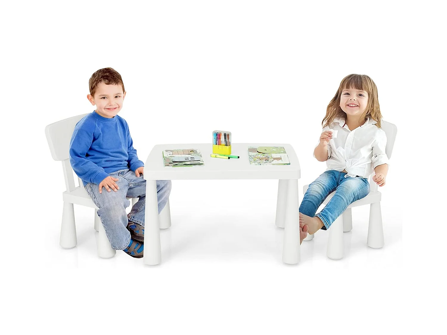 Table et Chaises Enfants 1-7 Ans avec Dossier, Charge 50kg, 76,5x54,5x49,5cm, Table Polyvalente avec Structure Stable, Hauteur Scientifique pour Manger Dessiner Écrire, Charge 50kg, Blanc