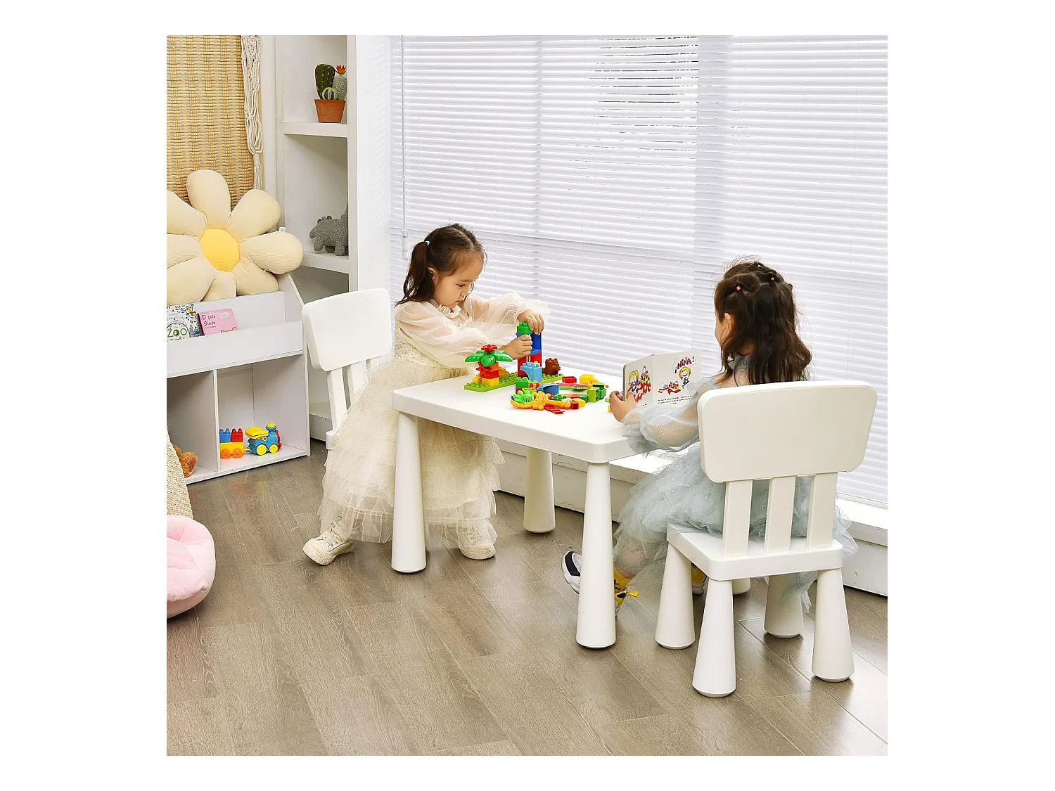 Table et Chaises Enfants 1-7 Ans avec Dossier, Charge 50kg, 76,5x54,5x49,5cm, Table Polyvalente avec Structure Stable, Hauteur Scientifique pour Manger Dessiner Écrire, Charge 50kg, Blanc