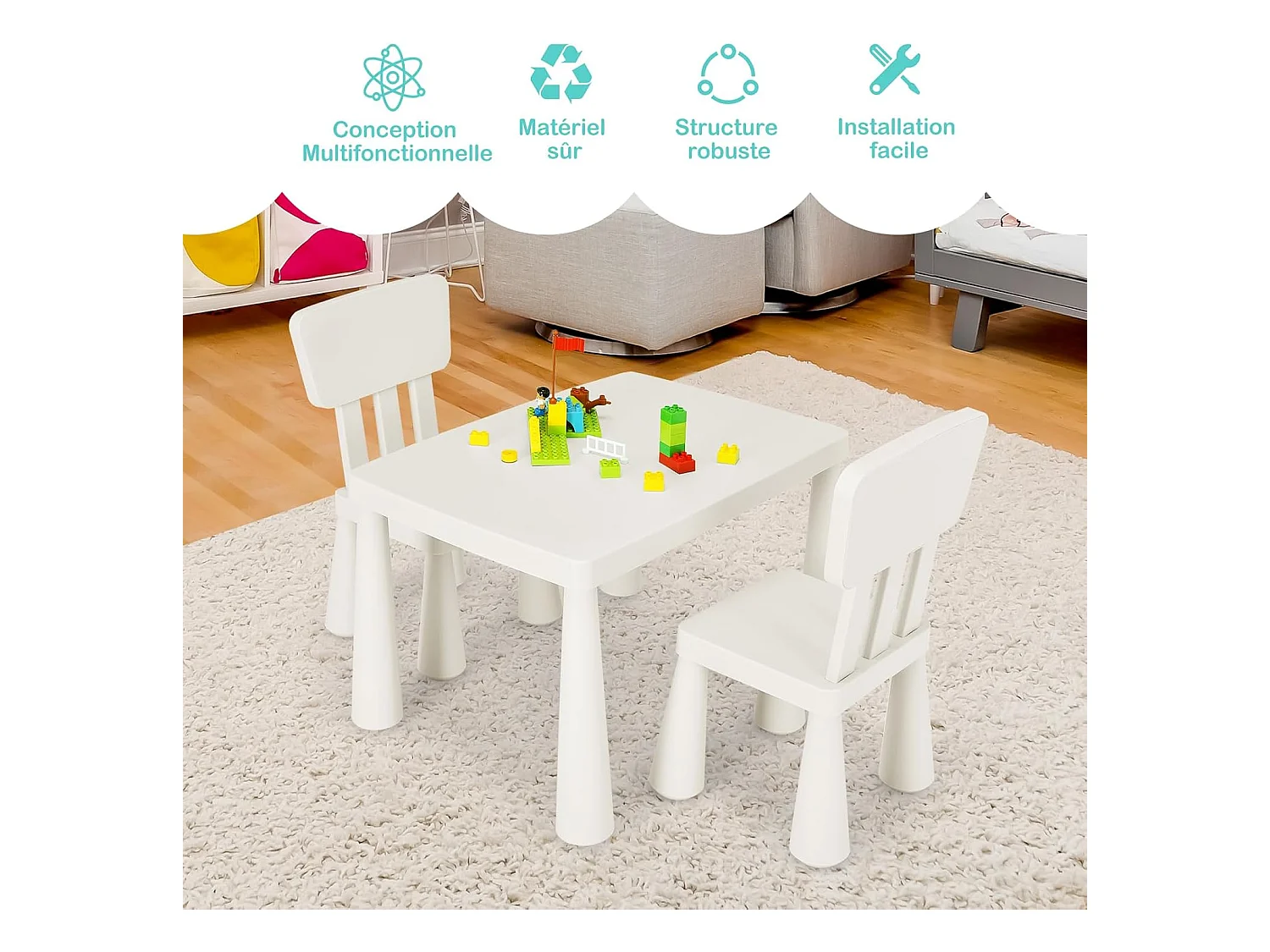 Table et Chaises Enfants 1-7 Ans avec Dossier, Charge 50kg, 76,5x54,5x49,5cm, Table Polyvalente avec Structure Stable, Hauteur Scientifique pour Manger Dessiner Écrire, Charge 50kg, Blanc