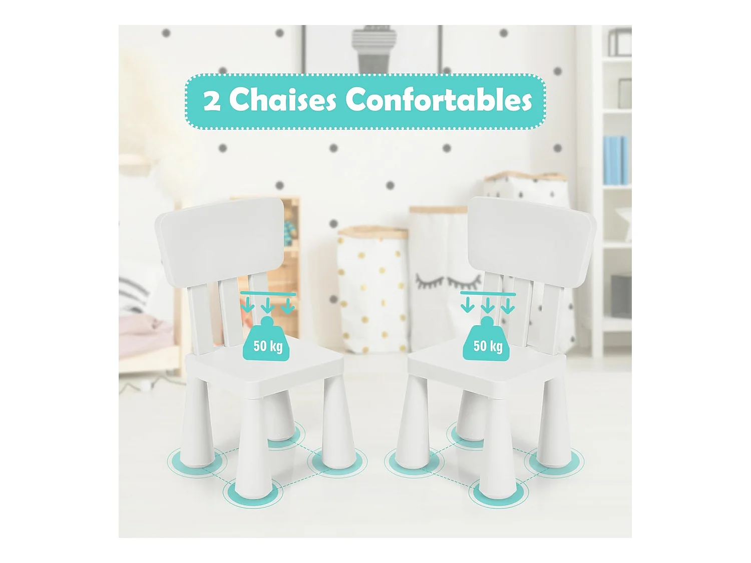 Table et Chaises Enfants 1-7 Ans avec Dossier, Charge 50kg, 76,5x54,5x49,5cm, Table Polyvalente avec Structure Stable, Hauteur Scientifique pour Manger Dessiner Écrire, Charge 50kg, Blanc