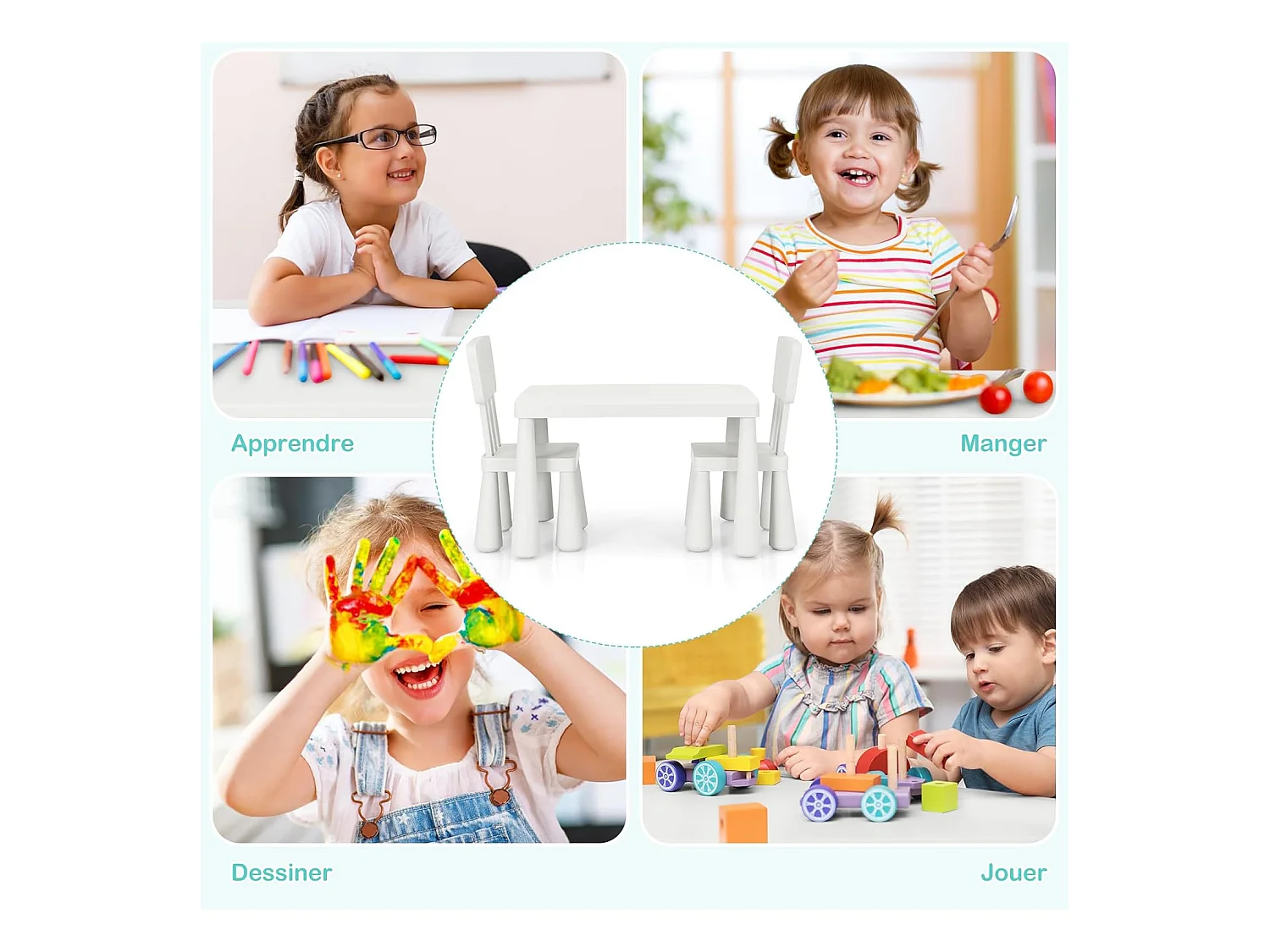 Table et Chaises Enfants 1-7 Ans avec Dossier, Charge 50kg, 76,5x54,5x49,5cm, Table Polyvalente avec Structure Stable, Hauteur Scientifique pour Manger Dessiner Écrire, Charge 50kg, Blanc