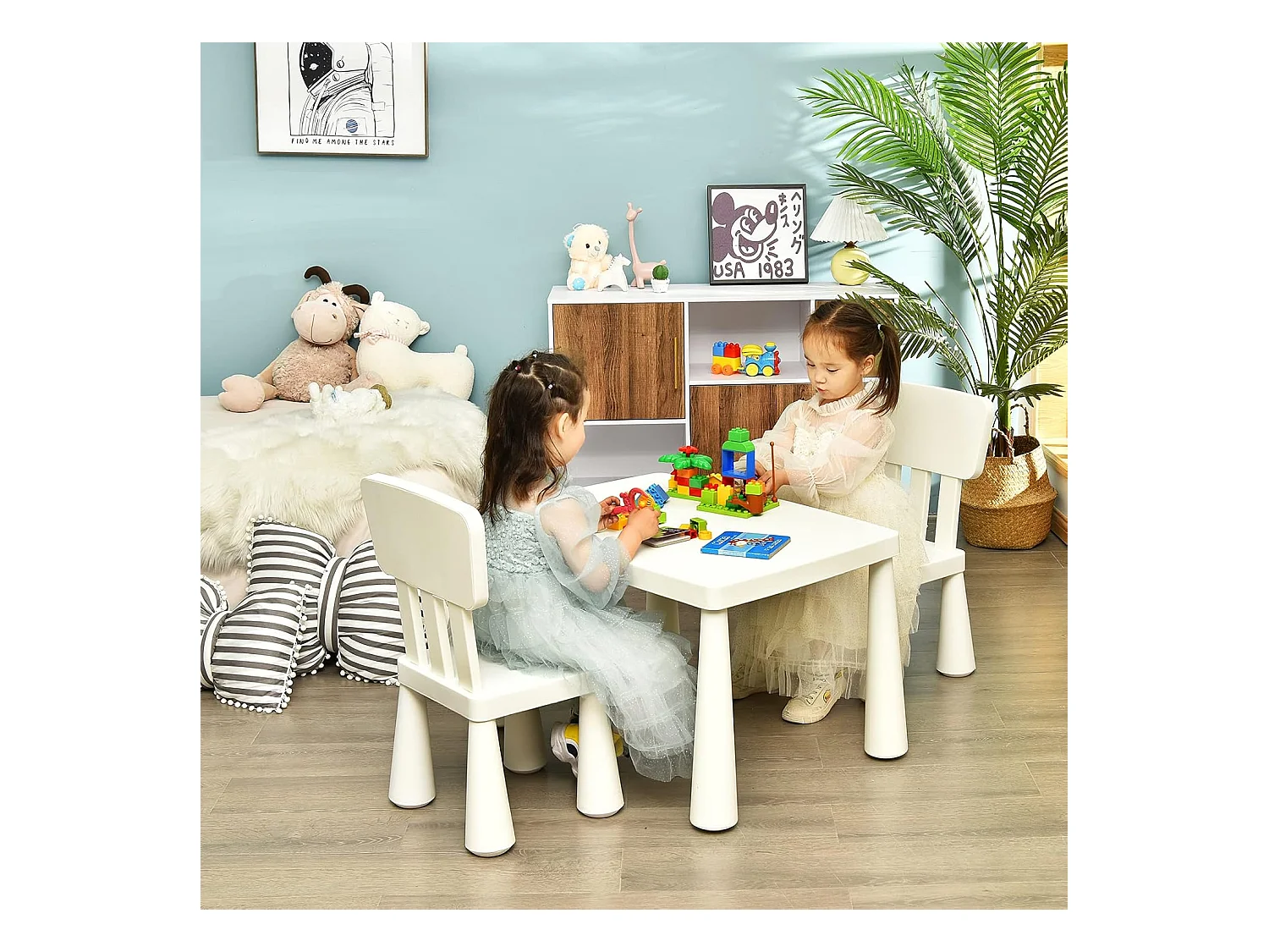 Table et Chaises Enfants 1-7 Ans avec Dossier, Charge 50kg, 76,5x54,5x49,5cm, Table Polyvalente avec Structure Stable, Hauteur Scientifique pour Manger Dessiner Écrire, Charge 50kg, Blanc