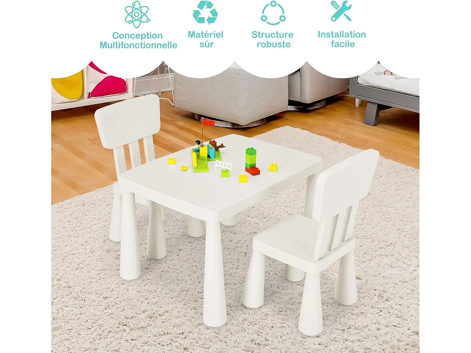 Table et Chaises Enfants 1-7 Ans avec Dossier, Charge 50kg, 76,5x54,5x49,5cm, Table Polyvalente avec Structure Stable, Hauteur Scientifique pour Manger Dessiner Écrire, Charge 50kg, Blanc