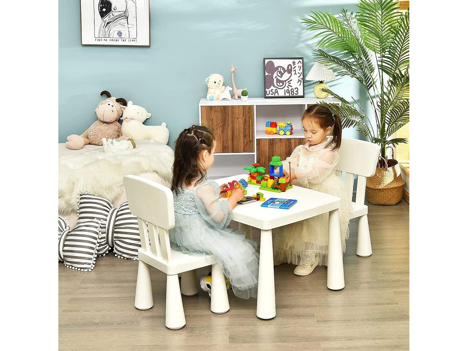 Table et Chaises Enfants 1-7 Ans avec Dossier, Charge 50kg, 76,5x54,5x49,5cm, Table Polyvalente avec Structure Stable, Hauteur Scientifique pour Manger Dessiner Écrire, Charge 50kg, Blanc