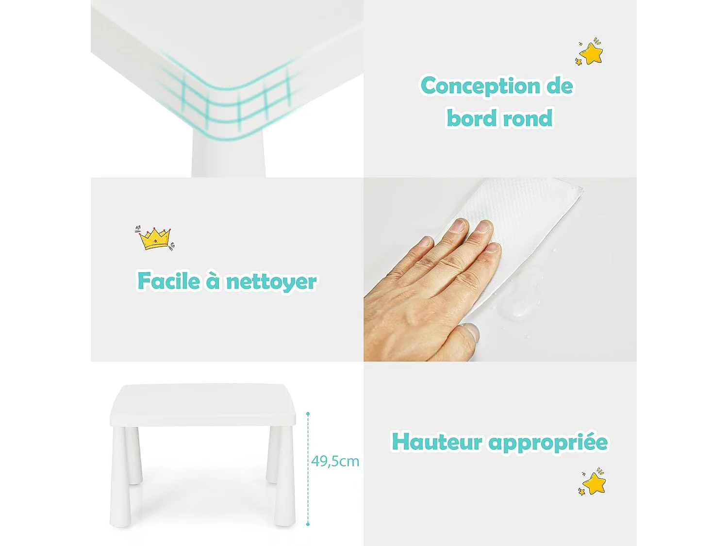 Table et Chaises Enfants 1-7 Ans avec Dossier, Charge 50kg, 76,5x54,5x49,5cm, Table Polyvalente avec Structure Stable, Hauteur Scientifique pour Manger Dessiner Écrire, Charge 50kg, Blanc