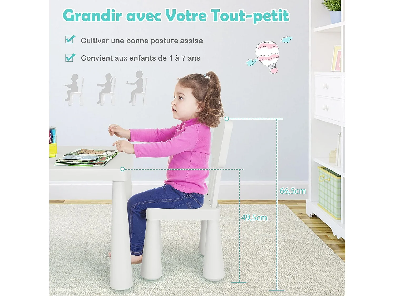 Table et Chaises Enfants 1-7 Ans avec Dossier, Charge 50kg, 76,5x54,5x49,5cm, Table Polyvalente avec Structure Stable, Hauteur Scientifique pour Manger Dessiner Écrire, Charge 50kg, Blanc