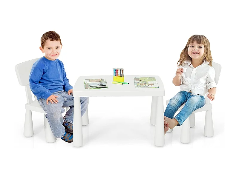 Kindertafel en stoelen 1-7 jaar met rugleuning, belasting 50 kg, 76,5x54,5x49,5 cm, multifunctionele tafel met stabiele structuur, wetenschappelijke hoogte voor eten, tekenen, schrijven, belasting 50 kg, wit
