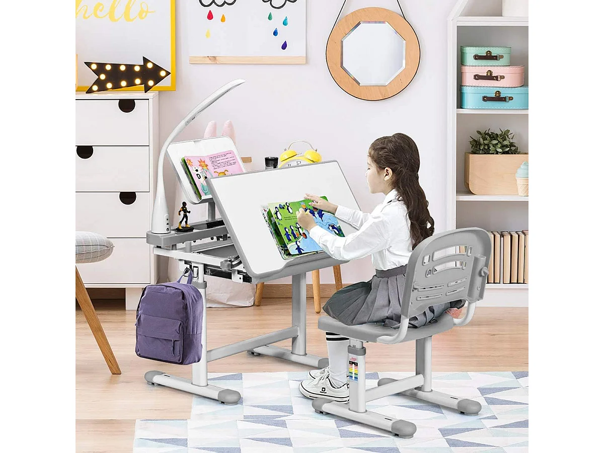 Bureau Ensemble Table et Chaise pour Enfants avec Lampe LED, Bureau Enfant Inclinable 0°-40°,Hauteur Réglable,Charge Maximale 80KG, Gris