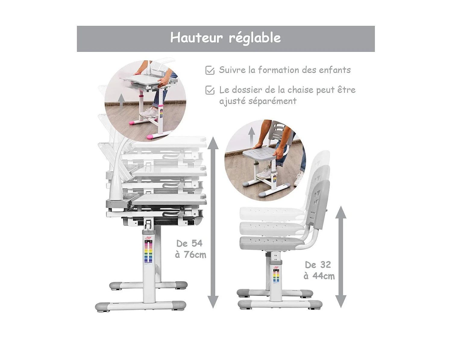 Bureau Ensemble Table et Chaise pour Enfants avec Lampe LED, Bureau Enfant Inclinable 0°-40°,Hauteur Réglable,Charge Maximale 80KG, Gris