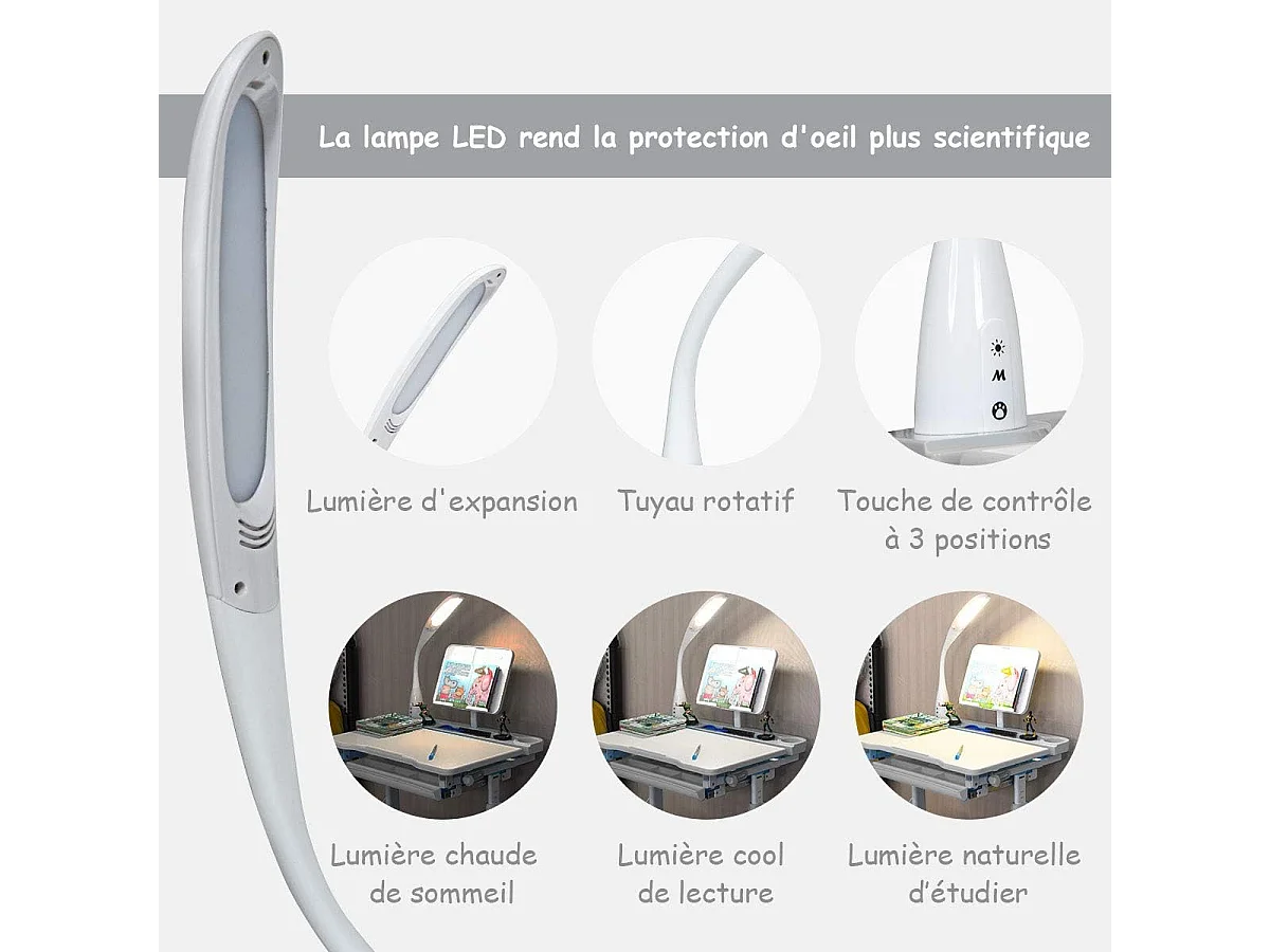 Bureau Ensemble Table et Chaise pour Enfants avec Lampe LED, Bureau Enfant Inclinable 0°-40°,Hauteur Réglable,Charge Maximale 80KG, Gris