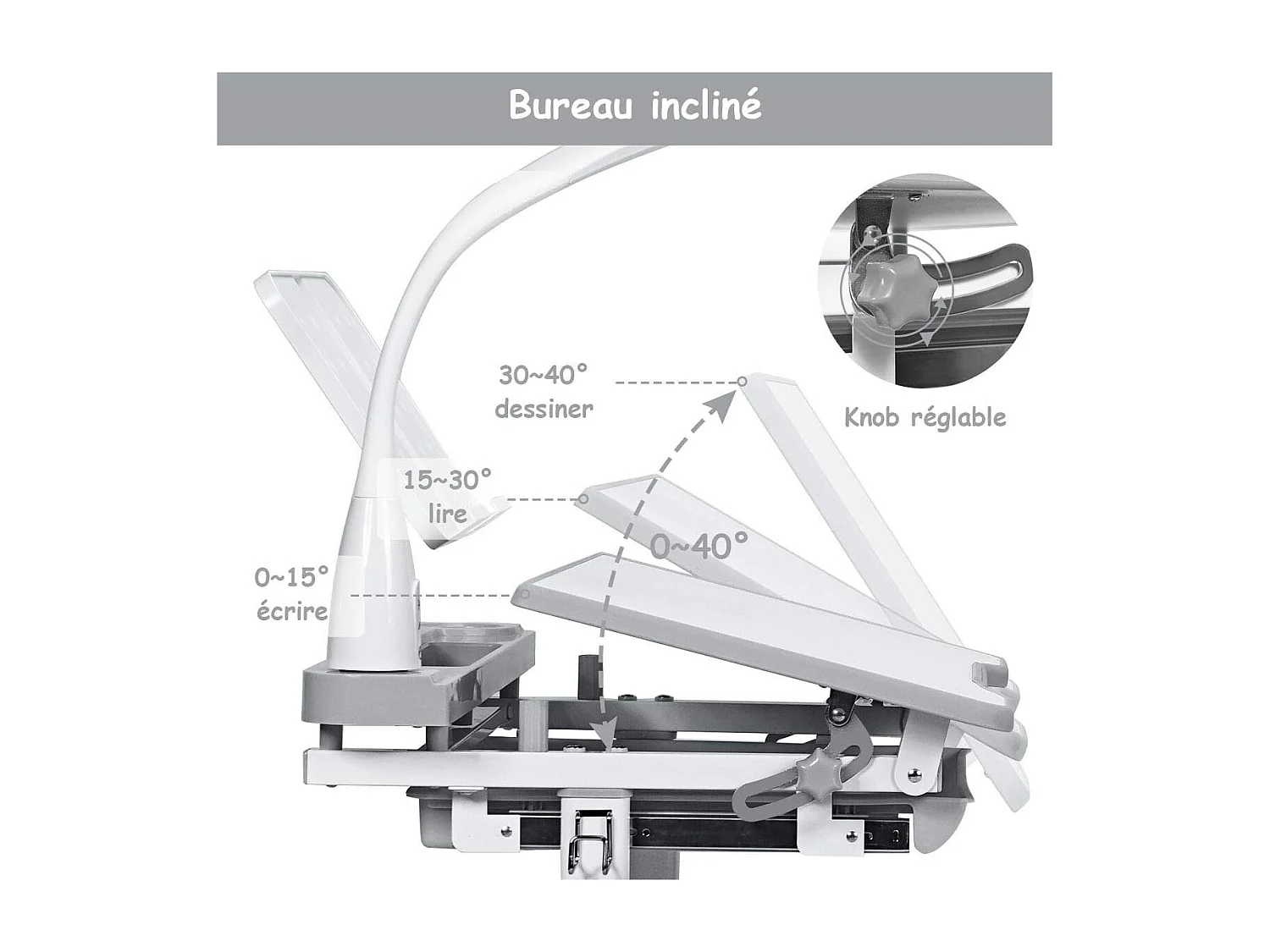 Bureau Ensemble Table et Chaise pour Enfants avec Lampe LED, Bureau Enfant Inclinable 0°-40°,Hauteur Réglable,Charge Maximale 80KG, Gris