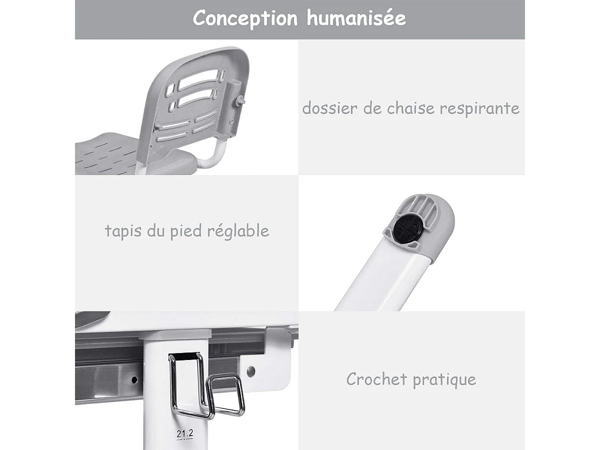 Bureau Ensemble Table et Chaise pour Enfants avec Lampe LED, Bureau Enfant Inclinable 0°-40°,Hauteur Réglable,Charge Maximale 80KG, Gris