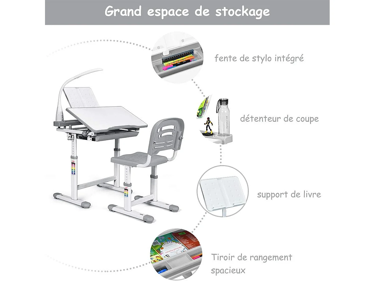 Bureau Ensemble Table et Chaise pour Enfants avec Lampe LED, Bureau Enfant Inclinable 0°-40°,Hauteur Réglable,Charge Maximale 80KG, Gris
