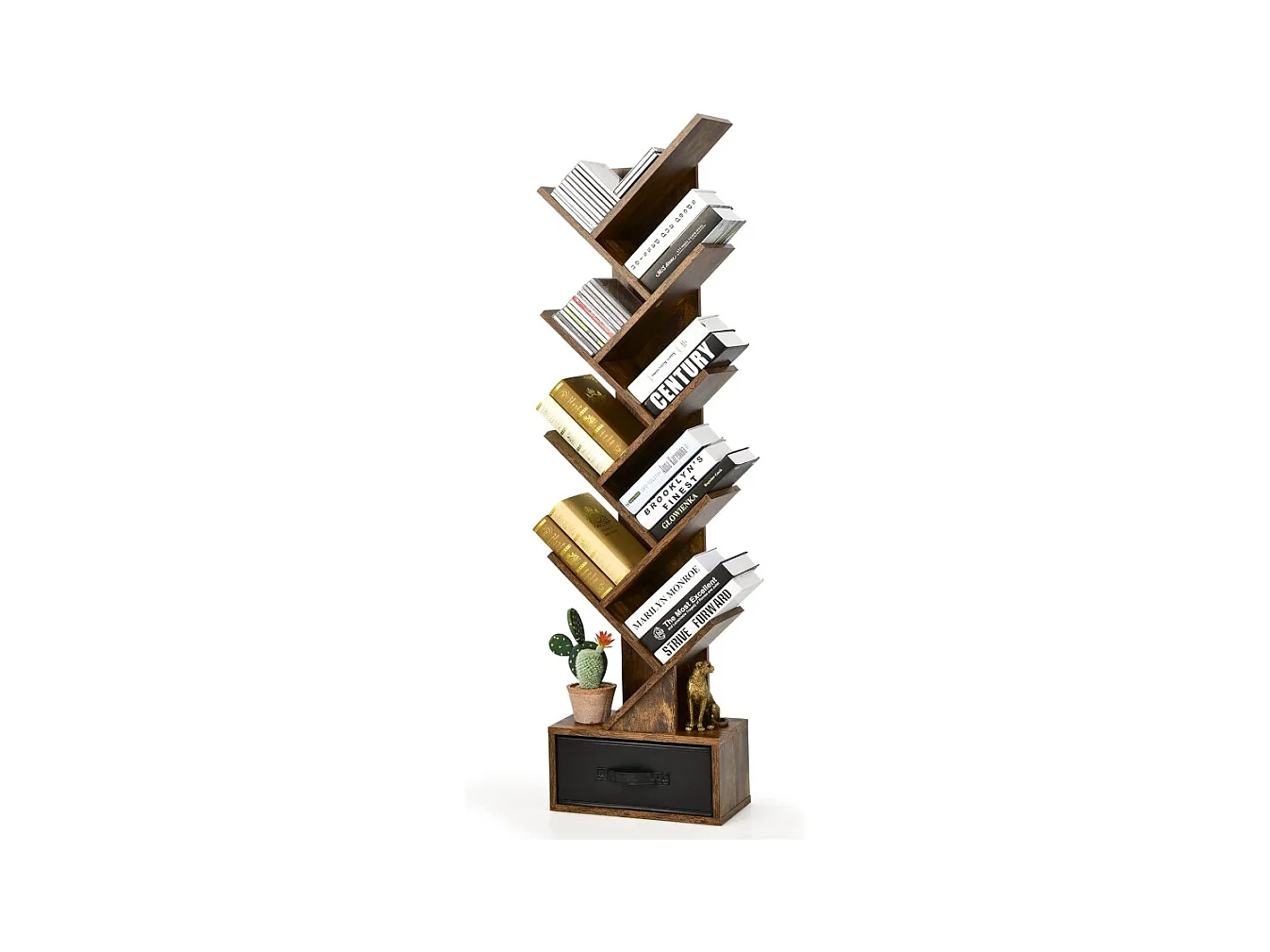 Bibliothèque à 8 niveaux en forme arbre avec tiroir tissu amovible, marron