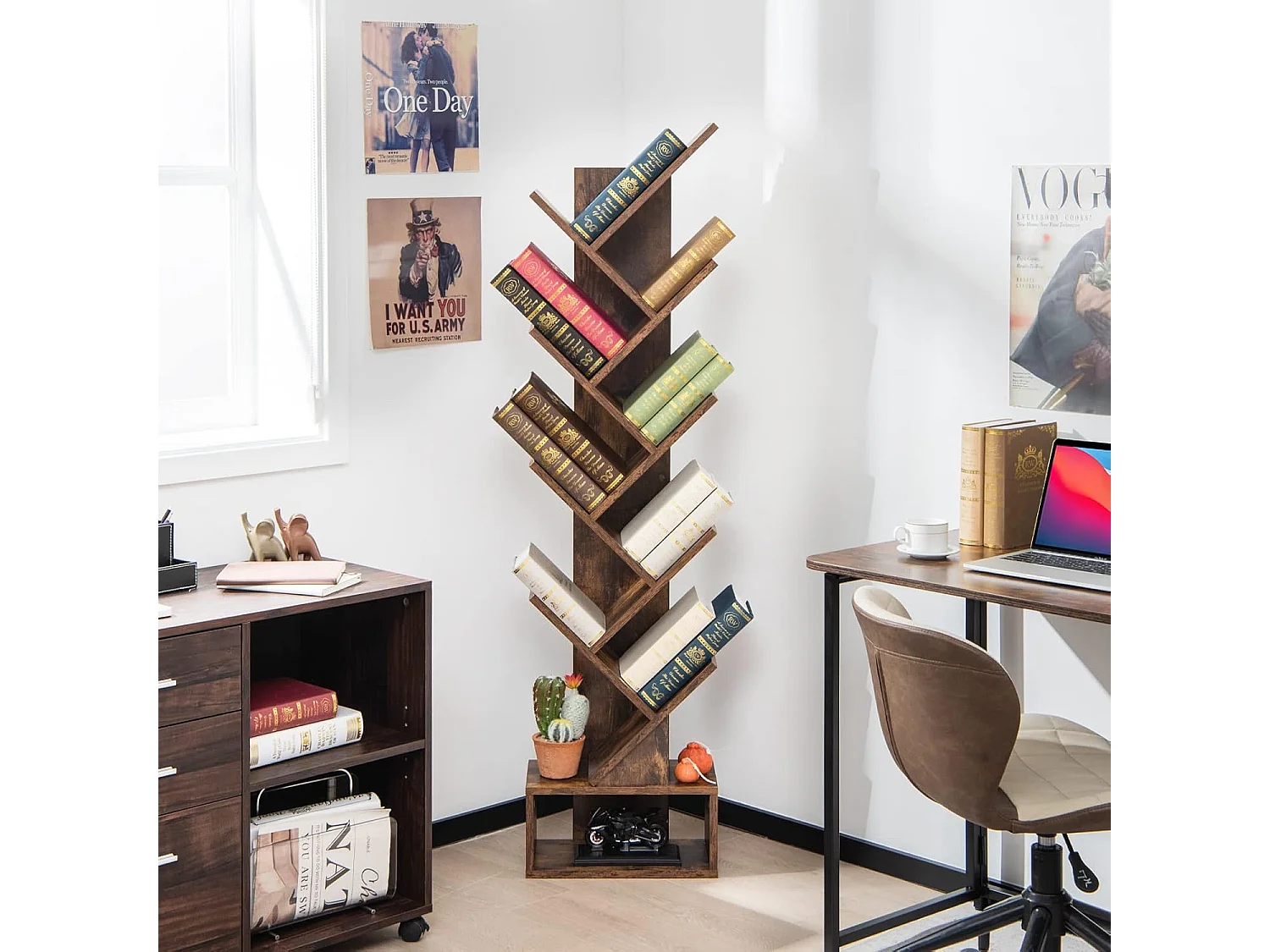 Bibliothèque à 8 niveaux en forme arbre avec tiroir tissu amovible, marron