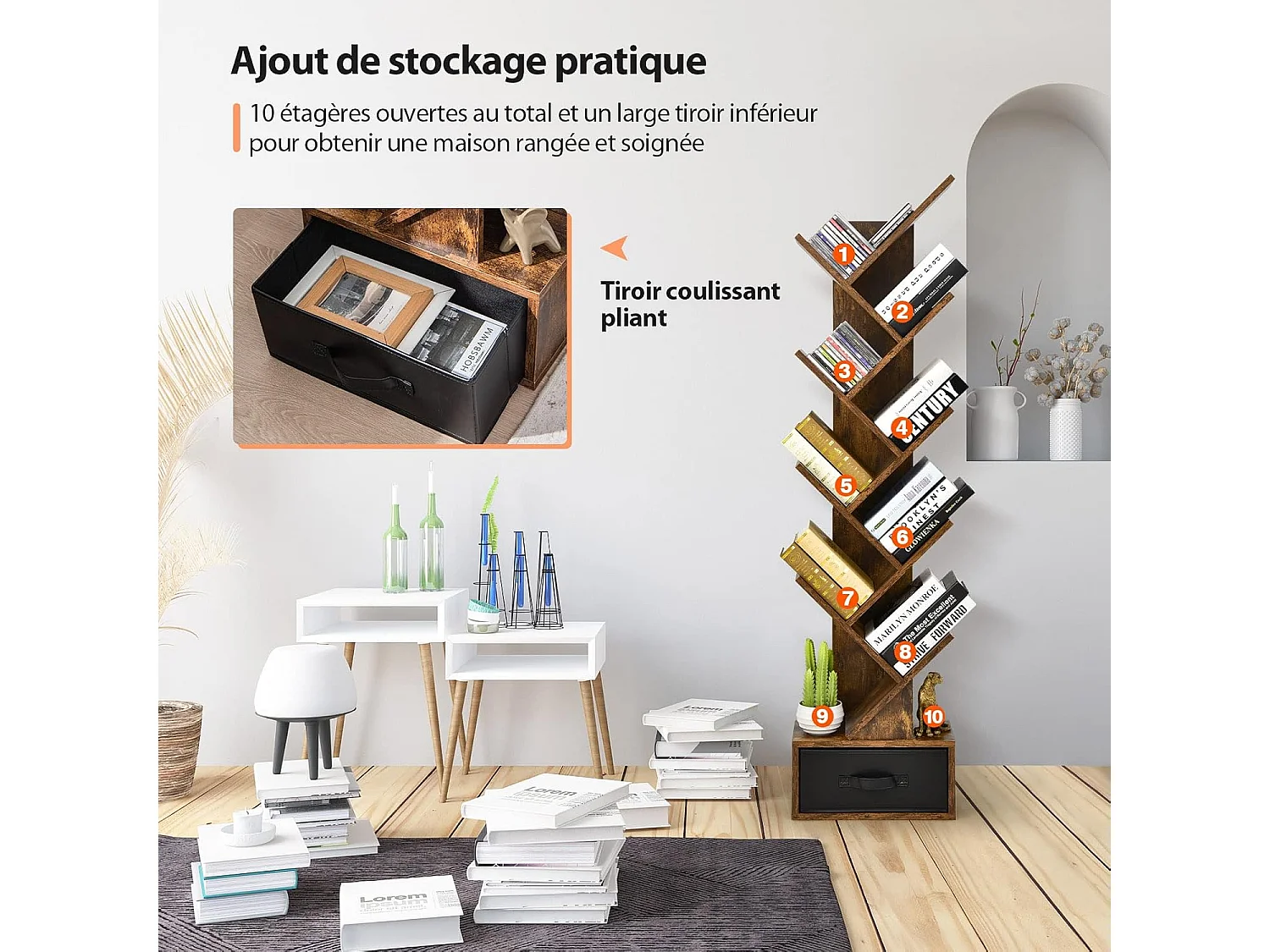 Bibliothèque à 8 niveaux en forme arbre avec tiroir tissu amovible, marron