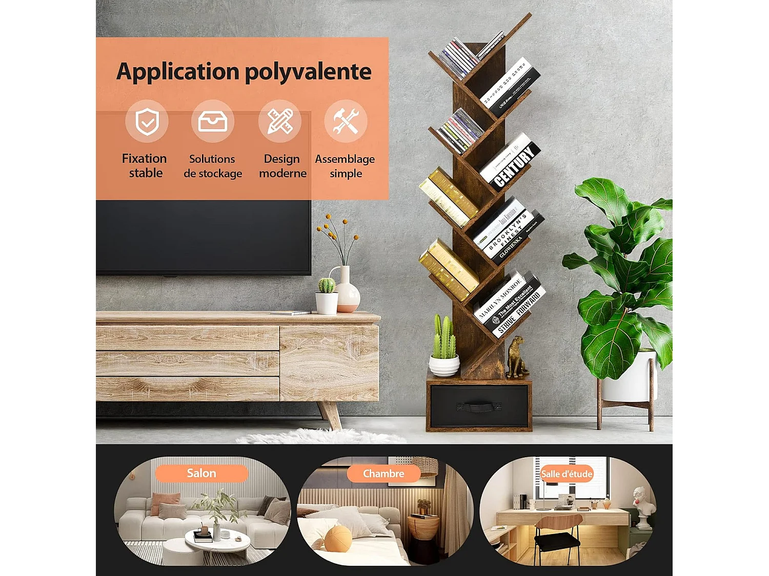 Bibliothèque à 8 niveaux en forme arbre avec tiroir tissu amovible, marron