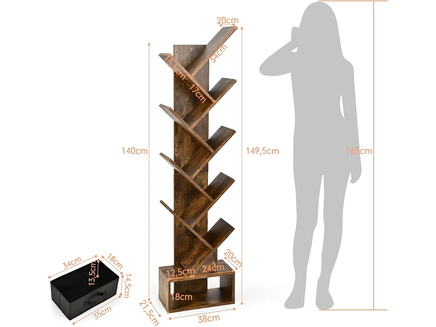 Bibliothèque à 8 niveaux en forme arbre avec tiroir tissu amovible, marron